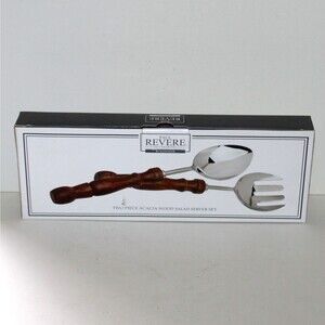 Paul Revere 2 Piece Salad Server Set Godinger Stainless Steel Acacia Wood NEW